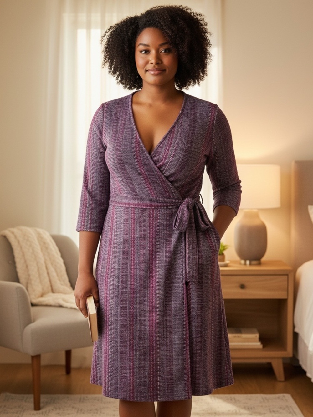 Danny & Nicole Purple Stripe Wrap Dress with Self-Tie